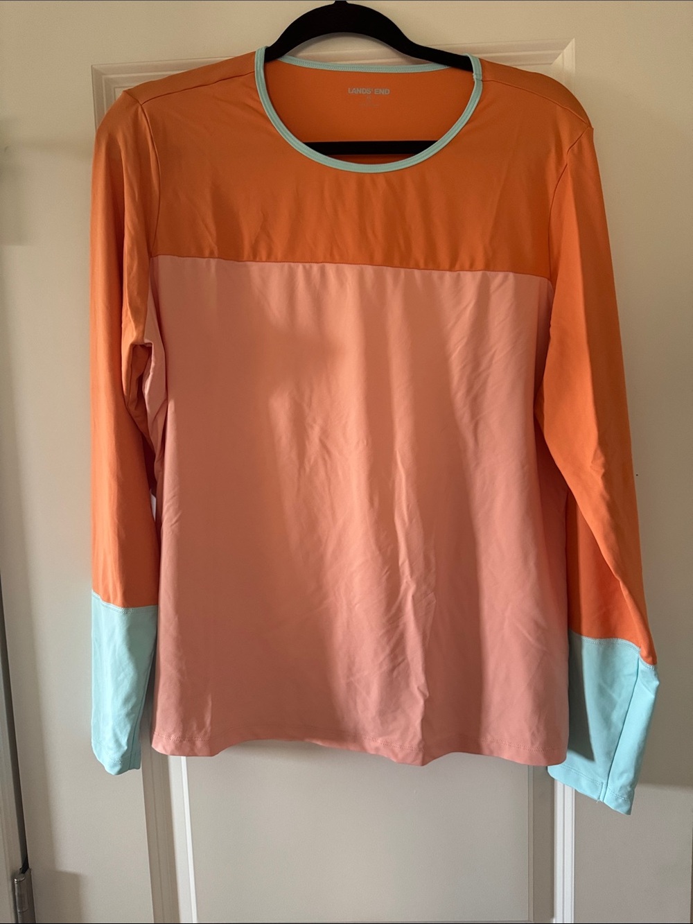 Land’s End Colorblock Long-Sleeve Sun Shirt in Coral, Orange & Mint